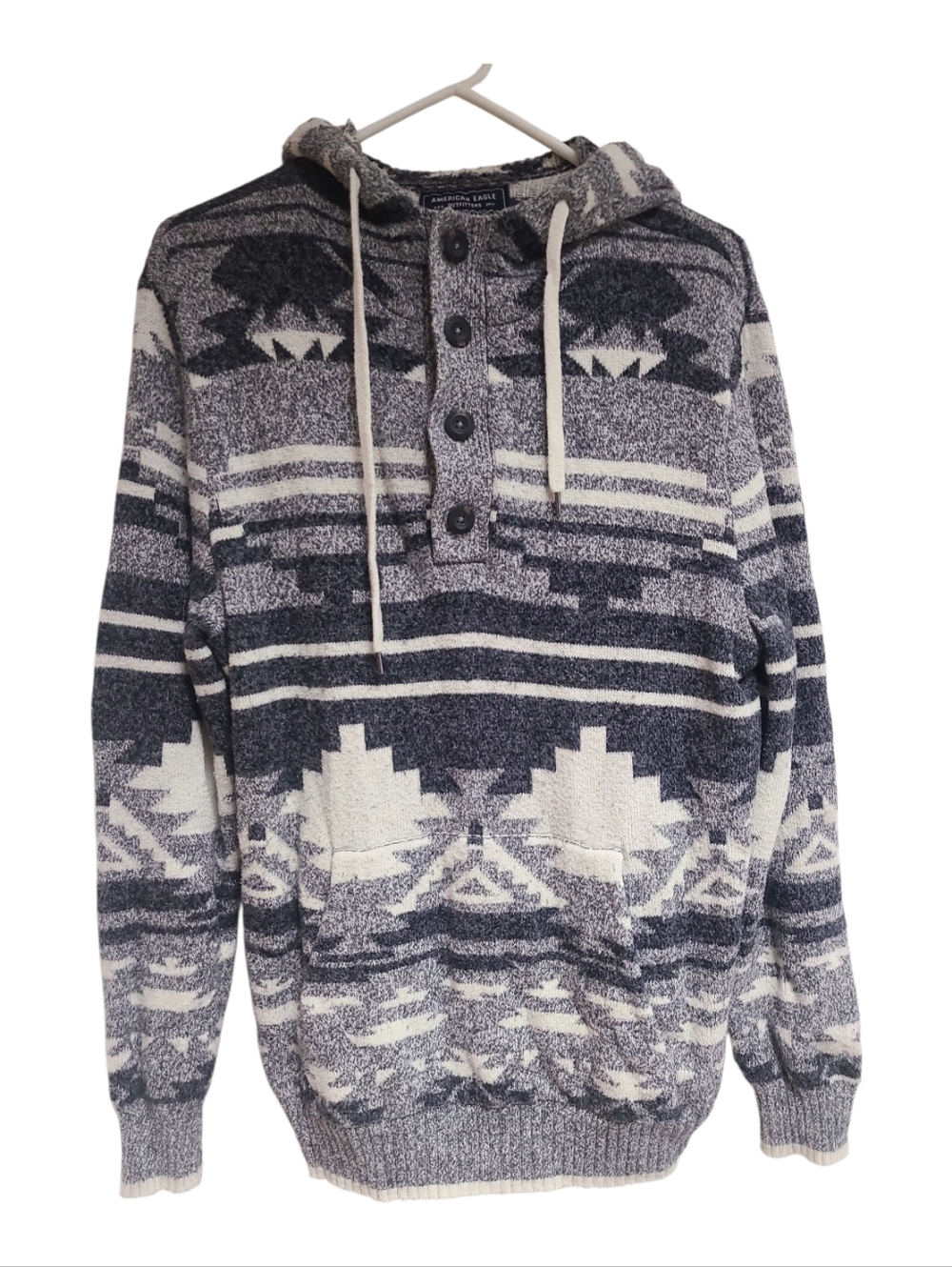 American Eagle Outfitters Grey & White Knit Hoodie Sz L Pullover Warm Pockets